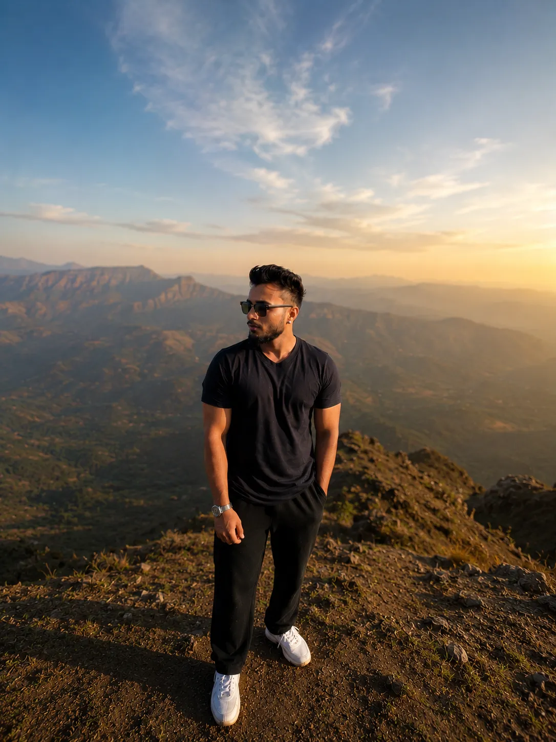Rutvik standing on a mountain summit at golden hour